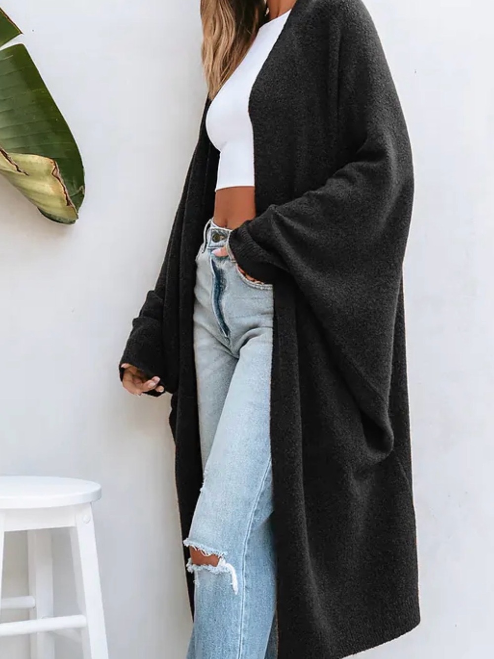 Cozy Black Open-Front Women's Cardigan Sweater - Picture 3 of 4